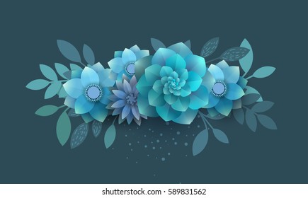 Flower composition of paper blue flowers. Bouquet can be used for invitations, printed on a T-shirt, promotions, banner. The trend vector illustration.