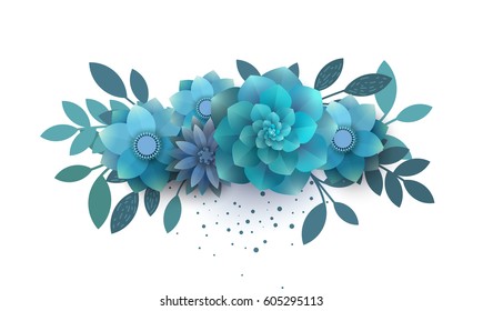 Flower composition of paper blue flowers. Bouquet can be used for invitations, printed on a T-shirt, promotions, banner. The trend vector illustration.