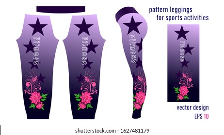 flower composition pattern and pointed stars women's leggings pants for sports activities. Inscription fitness on the side. Print for cloth, vector illustration stock.