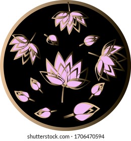 
Flower composition. Pink flowers with a gold outline on a black round background.