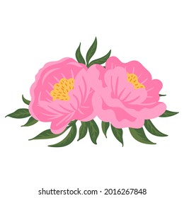 Flower composition. Pink peonies with green leaves. Vector romantic garden illustration. Botanical collection for wedding invitation, patterns, wallpapers, fabric, wrapping