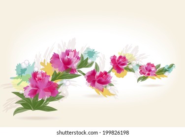 Flower composition of purple-red peonies, and leaf spots.