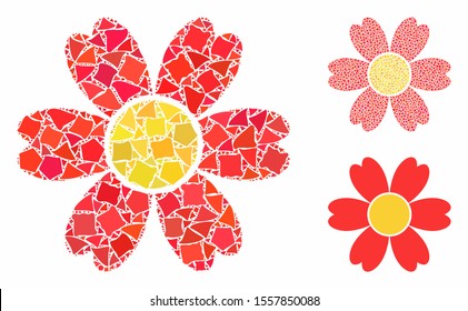 Flower composition of ragged elements in variable sizes and color tints, based on flower icon. Vector ragged pieces are organized into collage. Flower icons collage with dotted pattern.