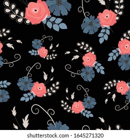 Flower composition with roses and abstract leaves on black background. Vector seamless pattern.