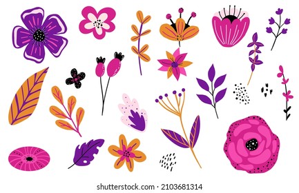 Blumenzusammensetzung. Set Design-Dekoration Elemente für Hochzeit, Mode. Bio- und Naturprodukte. Flaches Design. Weißer Hintergrund einzeln. Vektorgrafik. Blumen, Blätter, Pflanzen