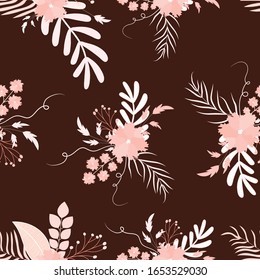 Flower composition, shades of pink on dark brown background. Vector seamless pattern.