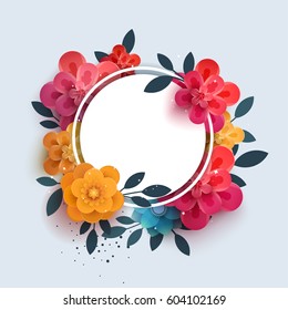 Flower composition with the text in a circle. Botanical illustration of red flowers thank you. Paper flowers can be used for printing, promotions, advertising, banner,