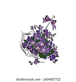 Flower composition. Umbrella with bouquet of lilacs inside