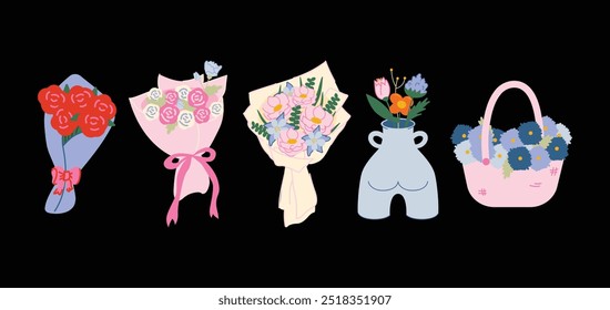 Flower composition in vases, bouquets. Botanical elements, cartoon decorative foliage, flowers for gift. Blooming bouquets and abstract shapes in groovy doodle style. Hand draw boquets.