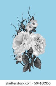 Flower composition. Weaving from twigs, flowers, hibiscus, leaves.