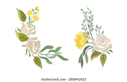 Flower Composition with White Rose and Floral Leafy Branches Vector Set