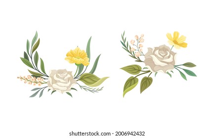 Flower Composition with White Rose and Floral Leafy Branches Vector Set