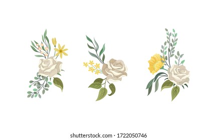 Flower Compositions with White Rose and Floral Leafy Branches Vector Set