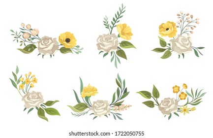 Composiciones de flores con conjunto vectorial de ramas rosa blanca y de hojas florales