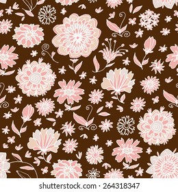 Flower concept vintage seamless pattern with floral ornament on dark brown background in vector. Seamless pattern can be used for wallpapers, pattern fills, web page backgrounds,surface textures.