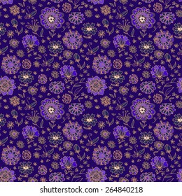 Flower concept vintage seamless pattern with floral ornament  on dark blue background in vector. Seamless pattern can be used for wallpapers, pattern fills, web page backgrounds,surface textures.