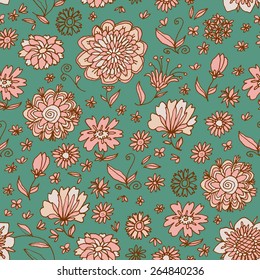 Flower concept vintage seamless pattern with floral ornament  on green background in vector. Seamless pattern can be used for wallpapers, pattern fills, web page backgrounds,surface textures.