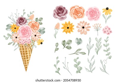 flower cone with rose and leaves isolated clipart