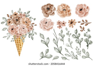 flower cone with rose and leaves isolated clipart