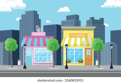 Flower and confectionery shop against the background of skyscrapers. City buildings concept.