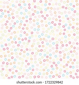 
Blumenkonfetti dotty Papier Textur nahtlosen Hintergrund. Bunte Sprinklen mit dunklen Flecken einzeln auf Weiß. Modernes, süßes Herbstmuster. Japanisches Kawaii-Minimal-Digital-Party-Scrapie-Papier