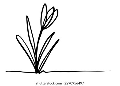 Flower in continuous line art drawing style set. Doodle floral border with  sprout, grass, nest, flower blooming. Minimalist black linear design isolated on white background. Vector illustration