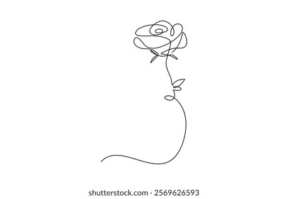 Flower in continuous line art drawing style. Rose flower minimalist black linear design, Abstract rose in continuous line art drawing style.