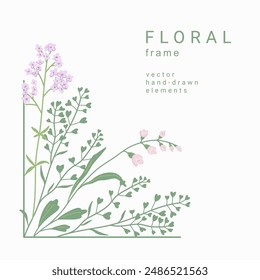 Esquina de flores. Marco botánico simple dibujado a mano con flores silvestres, ramas y hierbas. Ilustración vectorial con verde para tarjeta, etiqueta, identidad corporativa, invitación de boda, logotipo