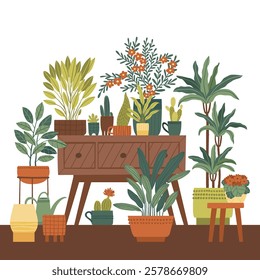 Flower corner with houseplants in different pots. Flowering and leafy plants in pots and on a stand. Flat vector illustration.