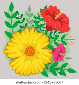 flower corner with red flowers and green branches in cartoon style