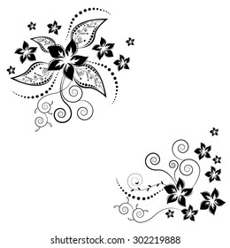 Flower corner in vector. Black flowers on white background. Flowery invitation card. Background with floral elements. 