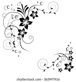 Flower corner in vector. Black flowers on white background. Flowery invitation card. Background with floral elements. 