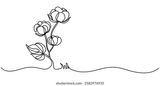 flower cotton, One continuous line drawing of whole soft and fluffy cotton flower for farming logo identity. Staple fiber flower concept for garden icon. Modern single line draw graphic design vector.