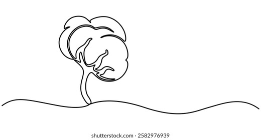 flower cotton, One continuous line drawing of whole soft and fluffy cotton flower for farming logo identity. Staple fiber flower concept for garden icon. Modern single line draw graphic design vector.