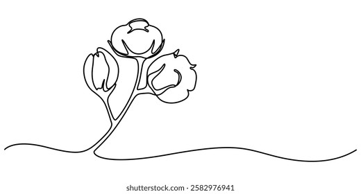 flower cotton, One continuous line drawing of whole soft and fluffy cotton flower for farming logo identity. Staple fiber flower concept for garden icon. Modern single line draw graphic design vector.