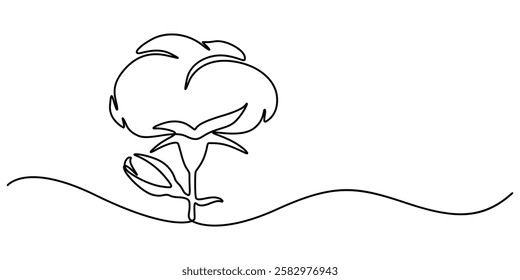 flower cotton, One continuous line drawing of whole soft and fluffy cotton flower for farming logo identity. Staple fiber flower concept for garden icon. Modern single line draw graphic design vector.