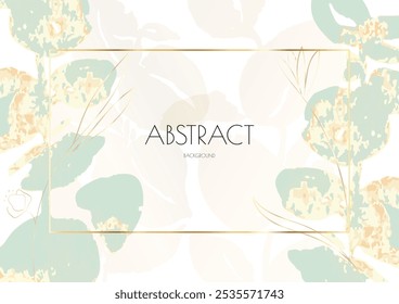 Flower Cover Background. Floral Vector Watercolor Abstract Design. Spring Leaves Art Poster with Gold Frames. Simple Summer Greeting Invitation. Botanical Elegant Card Template. Luxury Simple Geometri