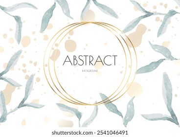 Flower Cover Background. Floral Vector Watercolor Abstract Design. Spring Leaves Art Poster with Gold Frames. Simple Summer Greeting Invitation. Botanical Elegant Card Template. Luxury Simple Poster
