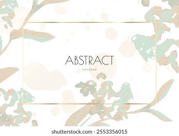 Fondo de la cubierta de la flor. Diseño Abstractas de acuarela de Vector floral. Póster de arte de hojas de primavera con marcos de oro. Simple invitación de saludo de verano. Plantilla de tarjeta elegante botánica. Geometría simple de lujo
