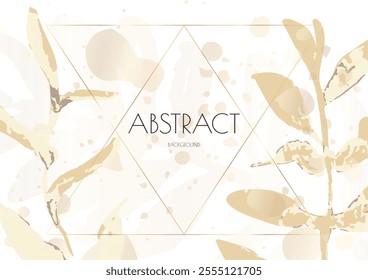 Flower Cover Background. Floral Vector Watercolor Abstract Design. Spring Leaves Art Poster with Gold Frames. Simple Summer Greeting Invitation. Botanical Elegant Card Template. Luxury Simple Geometri