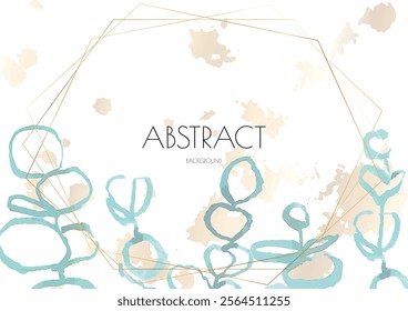 Flower Cover Background. Floral Vector Watercolor Abstract Design. Spring Leaves Art Poster with Gold Frames. Simple Summer Greeting Invitation. Botanical Elegant Card Template. Luxury Simple Geometri