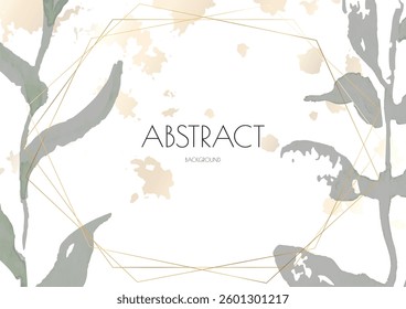 Flower Cover Background. Floral Vector Watercolor Abstract Design. Spring Leaves Art Poster with Gold Frames. Simple Summer Greeting Invitation. Botanical Elegant Card Template. Luxury Simple Geometri