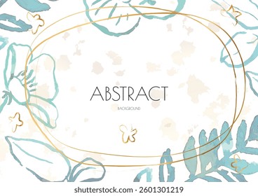Flower Cover Background. Floral Vector Watercolor Abstract Design. Spring Leaves Art Poster with Gold Frames. Simple Summer Greeting Invitation. Botanical Elegant Card Template. Luxury Simple Geometri