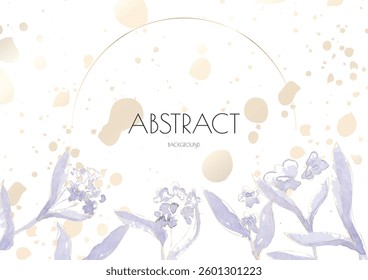 Flower Cover Background. Floral Vector Watercolor Abstract Design. Spring Leaves Art Poster with Gold Frames. Simple Summer Greeting Invitation. Botanical Elegant Card Template. Luxury Simple Geometri