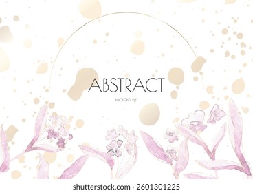 Flower Cover Background. Floral Vector Watercolor Abstract Design. Spring Leaves Art Poster with Gold Frames. Simple Summer Greeting Invitation. Botanical Elegant Card Template. Luxury Simple Geometri