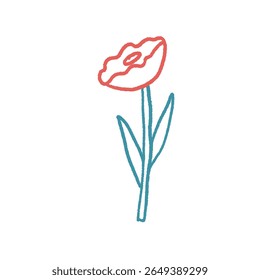 Flower crayon drawn. Spring daisy plant doodle isolated on white background. Summer floral kids element. Chalk or pastel style childish wildflower nature shape. Vector naive illustration by pencil.