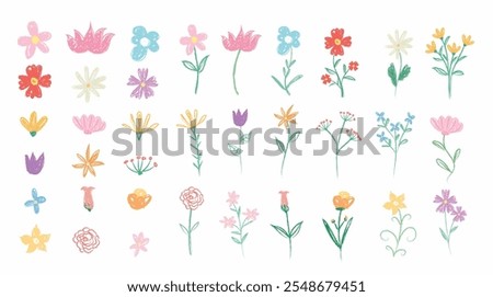 Flower Crayon fun cute kid colorful doodle set badge, scribble line pencil, charcoal background. Hand drawn doodle sketch childish element set. Floral flowers element childlike