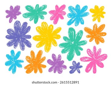 Flower crayon kid drawing. Spring summer pastel chalk pattern. Cute color doodle daisy chamomile flowers. Hand drawn child pencil bg. Childish background illustration. Floral kid element, crayon plant