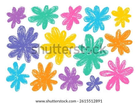 Flower crayon kid drawing. Spring summer pastel chalk pattern. Cute color doodle daisy chamomile flowers. Hand drawn child pencil bg. Childish background illustration. Floral kid element, crayon plant