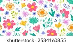 Flower crayon. Pastel chalk pattern. Child vector, spring seamless background. Floral cute kid color wax pattern. Childish pencil flower. Childlike drawing with daisy, grass, bloom. Seamless crayon bg